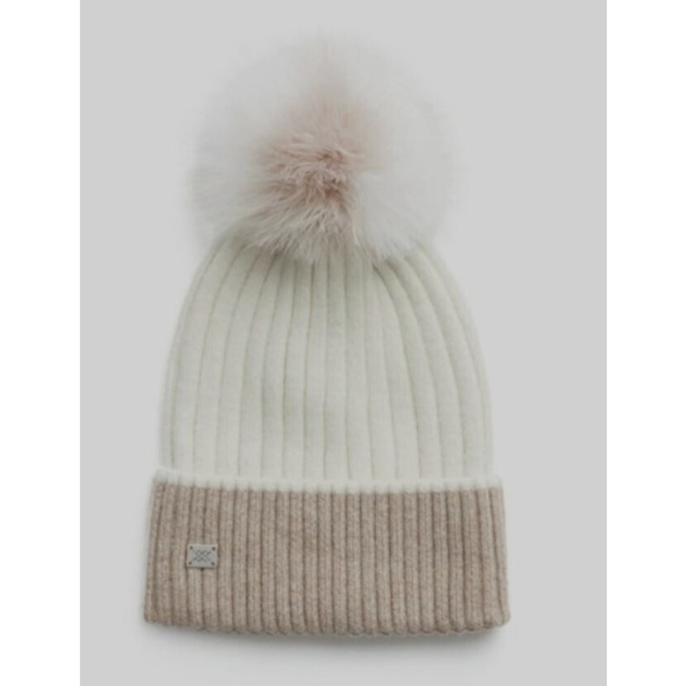 SOIA & KYO Ciel Rib-knit Beanie Hat Detachable Feather Pom Pom Ivory Tan